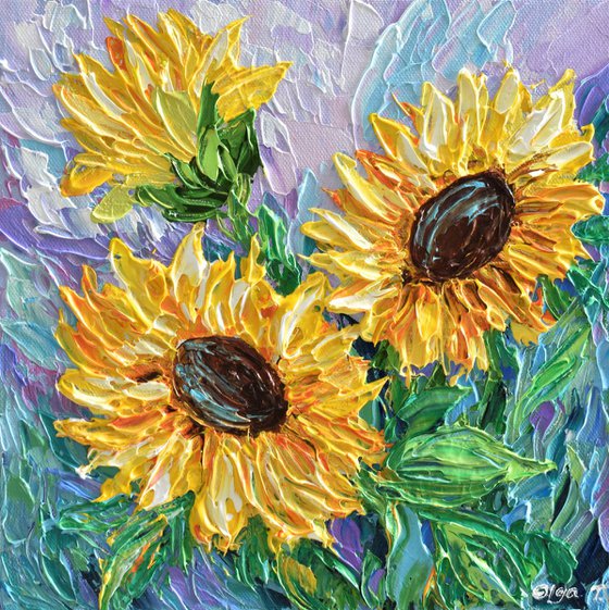 Sunflowers and Lavender - Original Impasto Floral Painting