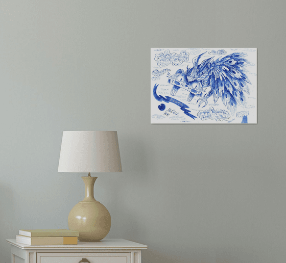 Peacock-cat in blue ink