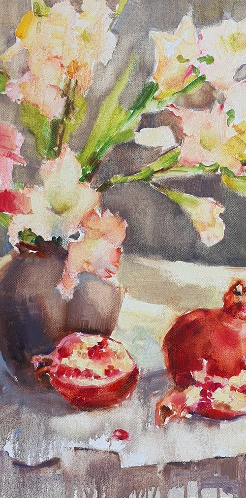 Pomegranate and Gladiolus. Pink tenderness by Olha Laptieva