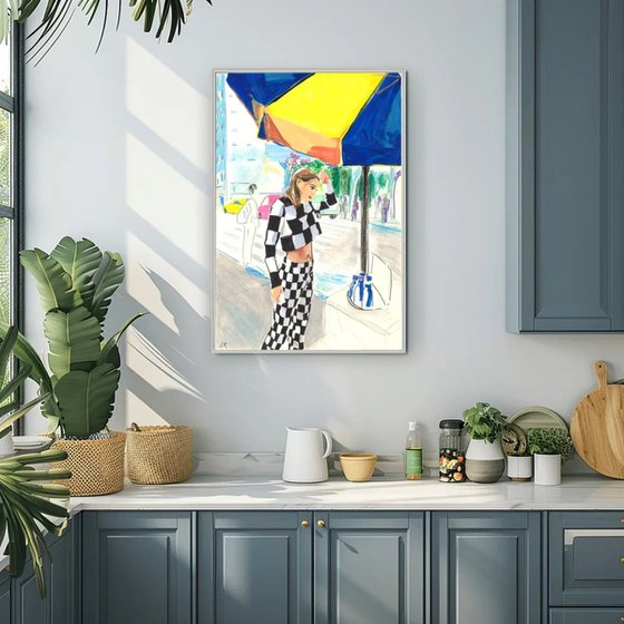 Woman Under Blue and Yellow Umbrella