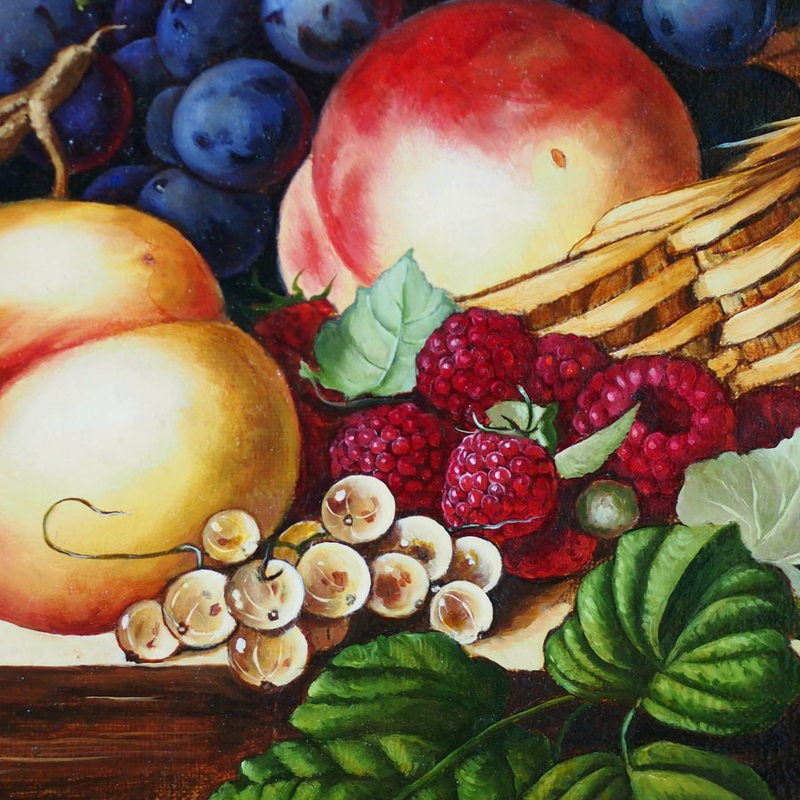 Still life with a glass of wine, a basket of fruits and berries Oil ...