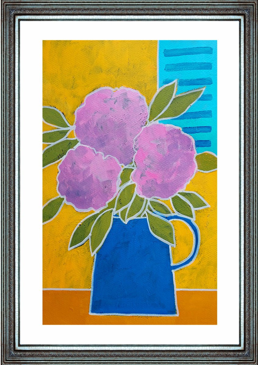 Naive Botanical Acrylic Painting By Jan Rippingham, 13 X 20, Pink Hydrangea & Blue Shutters, Original Artwork