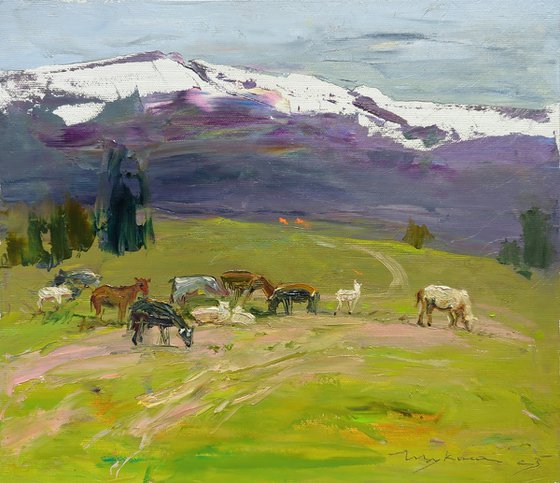Cloudy day . Sheep in the mountains . Original oil painting