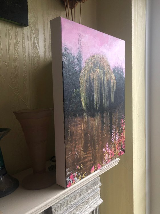 'The Elsham Willow II' Summer Peaceful Tree Reflections in Lake Impressionist Style Oil Painting