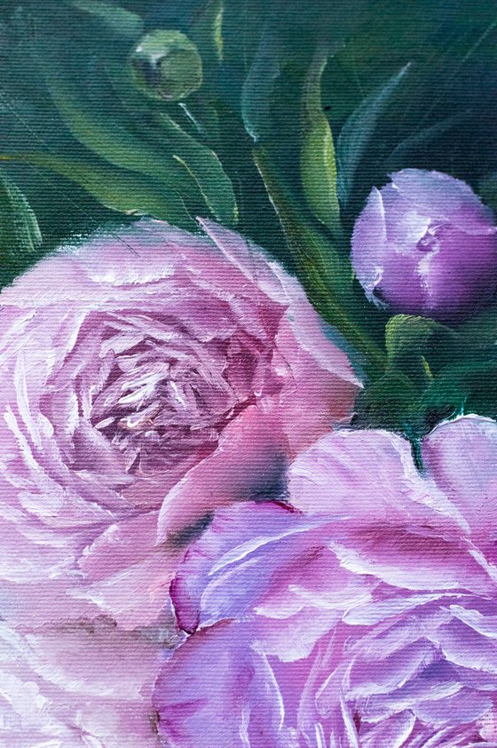 ''Pink Peonies'' oil painting with flowers.