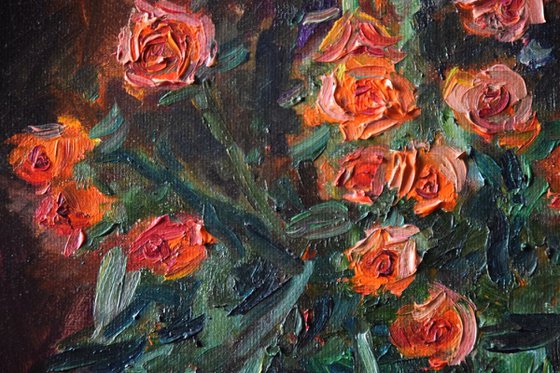 Original flowers oil painting Orange roses in a vase