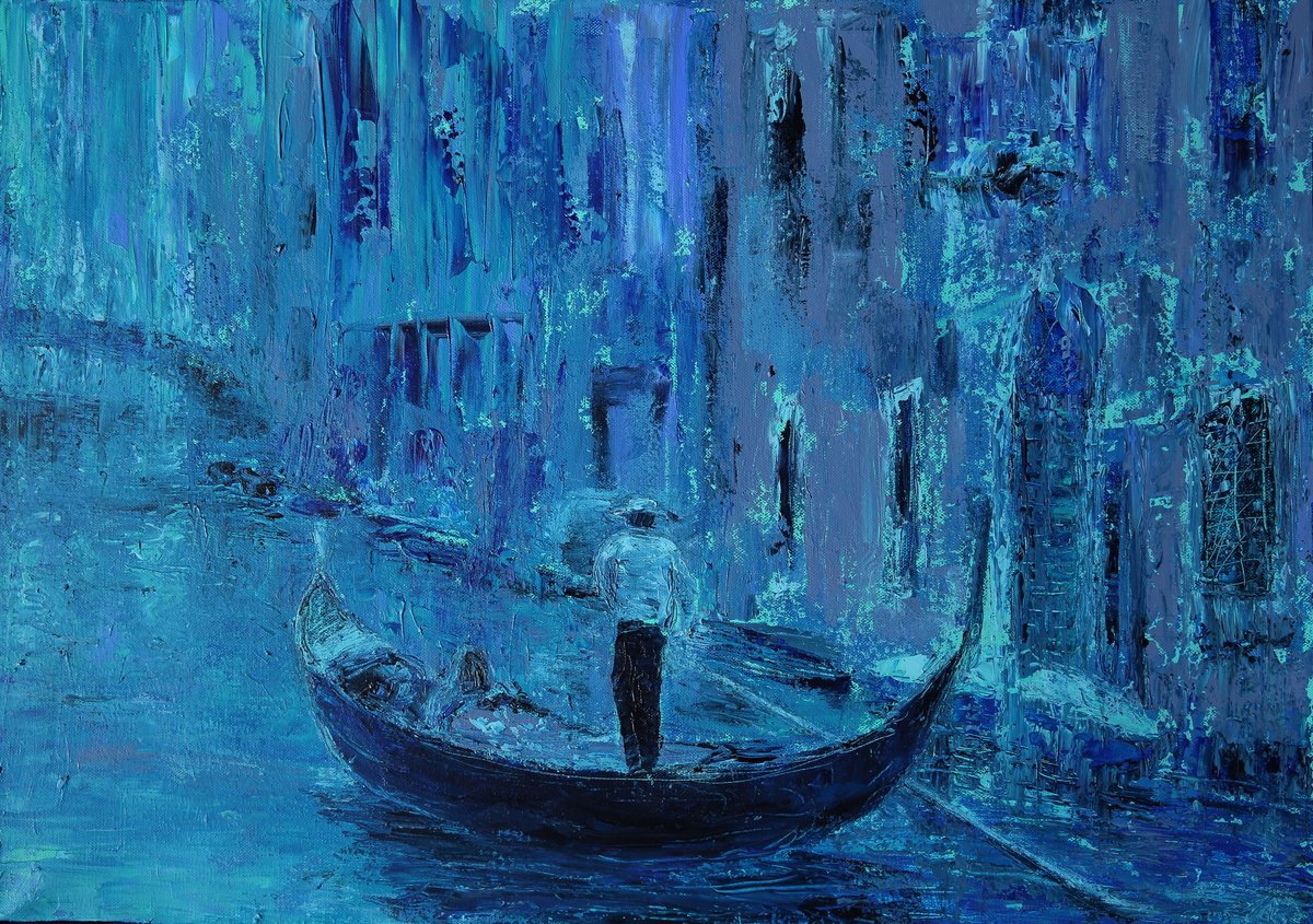Impressionistic Cityscapes Acrylic Painting By Denys Kuvaiev, 28 X 20, Gondola In Venice, Original Artwork