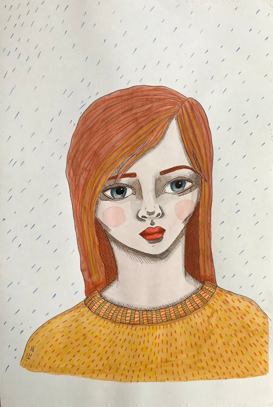 Portrait in Orange Top - Original mixed media painting