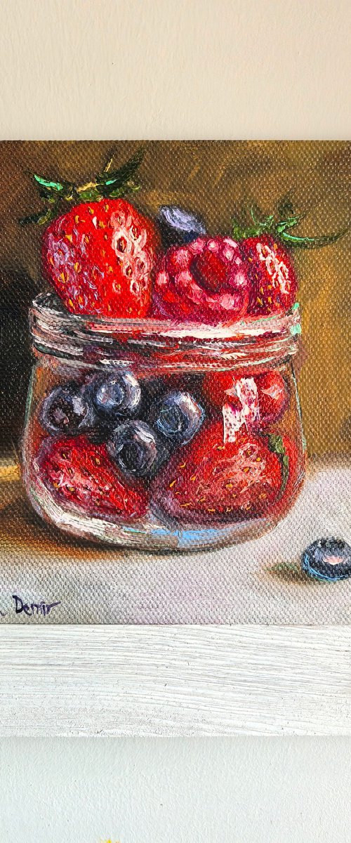 Berries oil painting mini wall art 6x6" by Leyla Demir