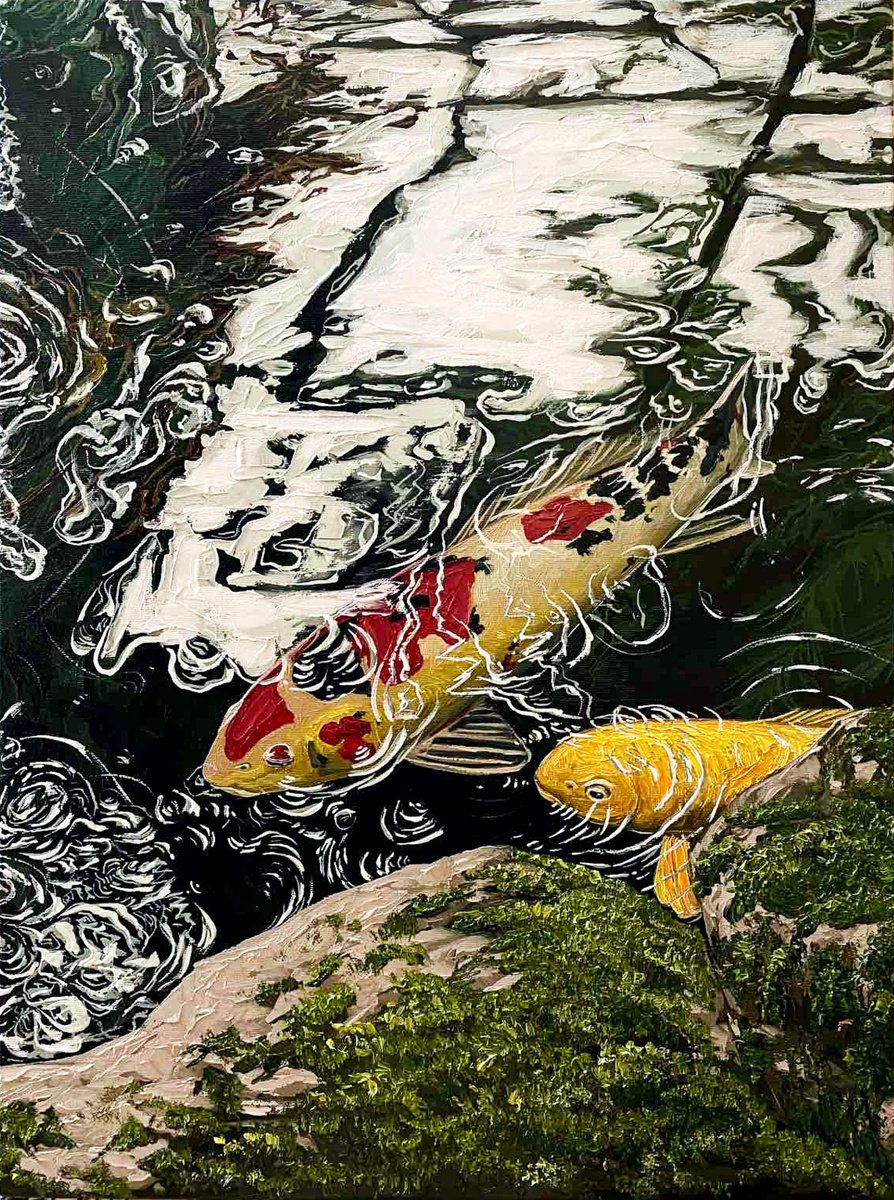 Photorealistic Animal Oil Painting By Elena Adele Dmitrenko, 18 X 24, Koi Carp Fish, Original Artwork