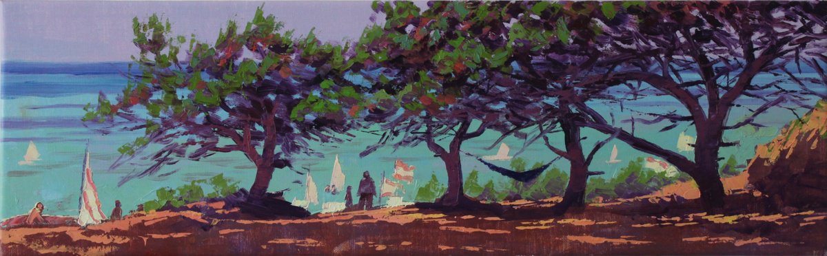 Impressionistic Landscape Oil Painting By Revaz Tcheishvili, 28 X 9", La Spiaggia Di Baratti, Original Artwork