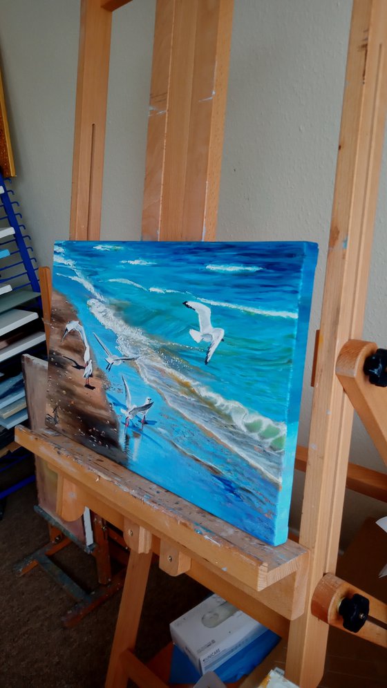 Seagulls at Beach. The Skyand the Sea. Seacost