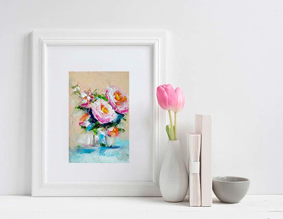 Floral Rose Painting Original Art Small Oil Artwork Flower Wall Art Mini Oil Painting