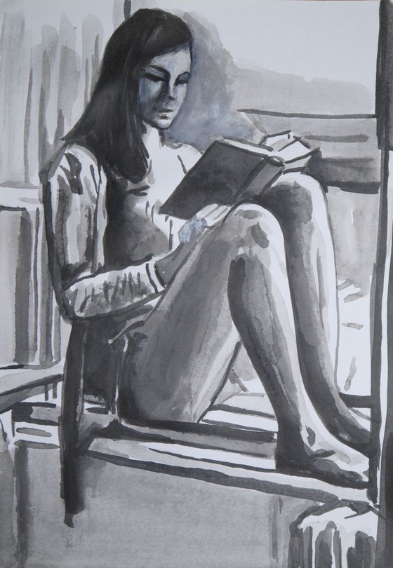 Girl  with a book / 37.7 x 26.3 cm