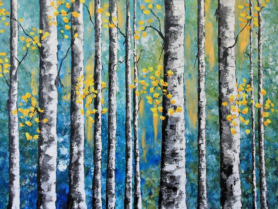birches blue yellow Original Abstract Landscape Paintings From New Zealand
