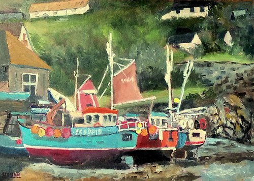 Fishing Boats at Cadgwith Cove, Cornwall - An original 'plein air' painting! by Julian Lovegrove Art