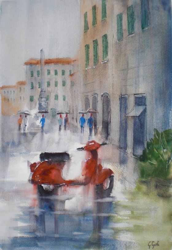 vespa in the rain