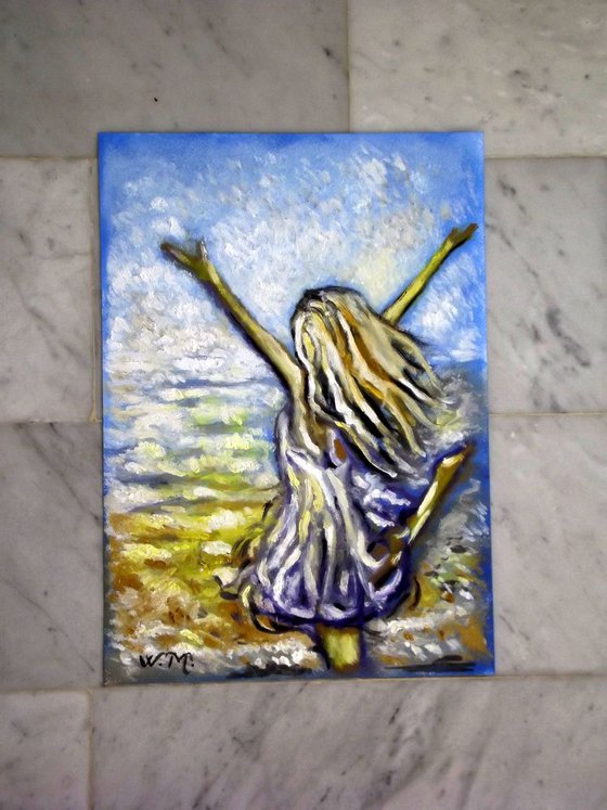 SEASIDE GIRL - DANCING AT THE SEASIDE - Oil painting (30x42cm)