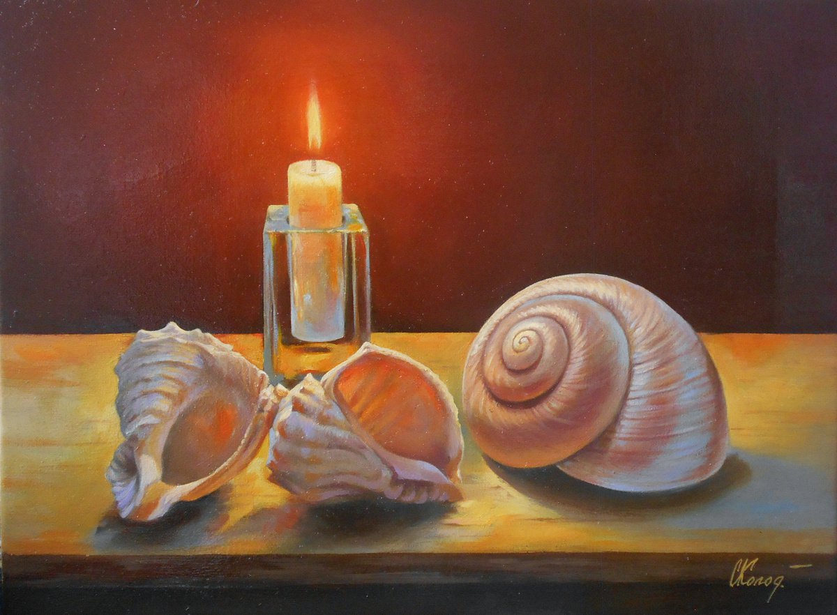 Candle and Seashells. Still Life /40x30cm/Original oil on canvas painting/Free Shipping by Kolodyazhniy Sergey