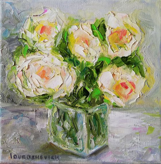White Roses in Vase | Small Oil Painting on Canvas Stretching 8x8 in (20x20cm)