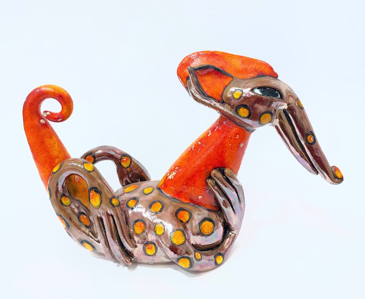 Expressive Clay Sculpture , Orange Dotted Dragon By Viktor Zuk, 13 X 9, Artwork For Sale On Artfinder
