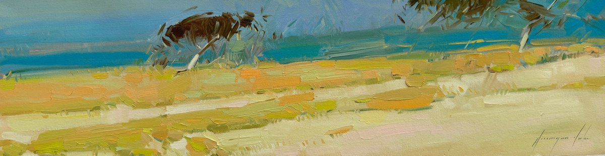Impressionistic Landscape Oil Painting By Vahe Yeremyan, 30 X 8", Windy Day, Original Artwork