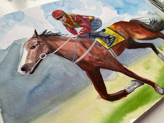 Horse Watercolor Painting, Horse Racing Original Artwork, Equestrian Sport Picture, Farmhouse Decor