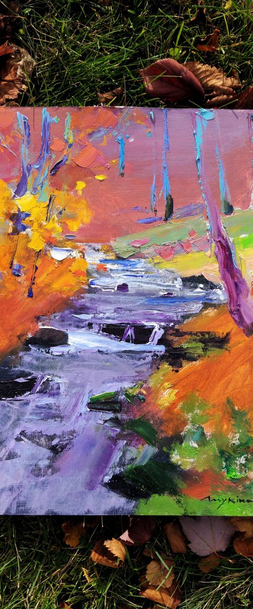 Waterfall Shipit  . Mountains river . Original oil painting by Helen Shukina
