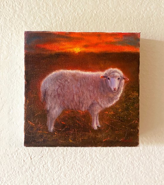 Sheep during sunset. Original oil painting.
