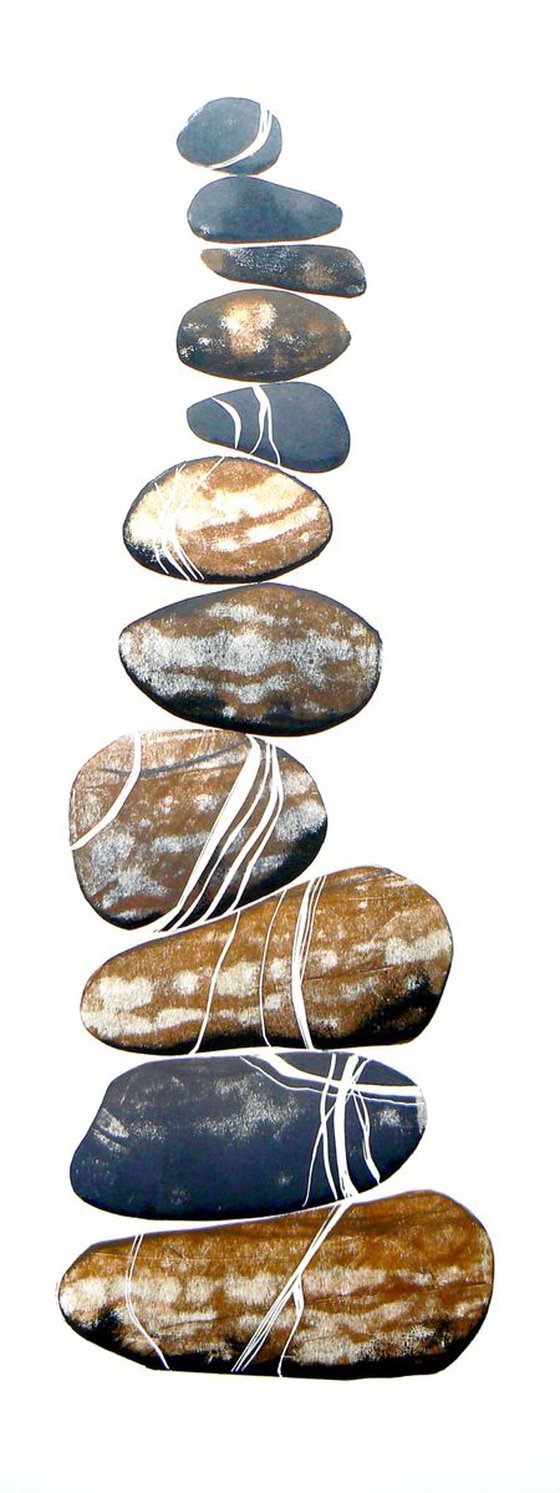 Zen stones - Eleven stones #3 (banded balancing stones lino/monoprint)