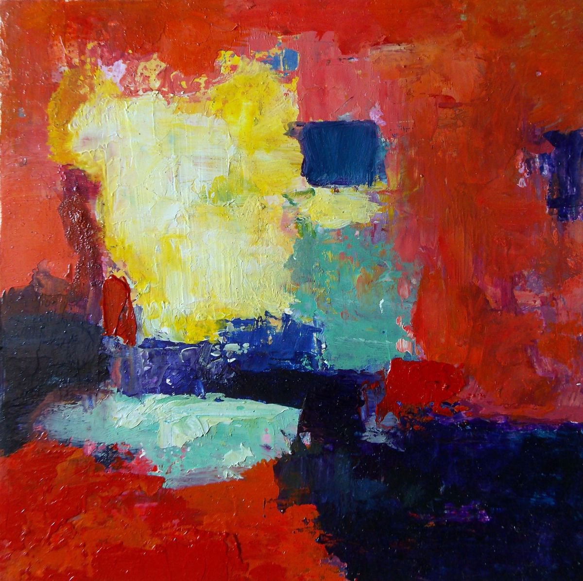 Red Original Abstract Oil Painting on Small Canvas Hardboard Panel - Red Harmony by Adriana Vasile