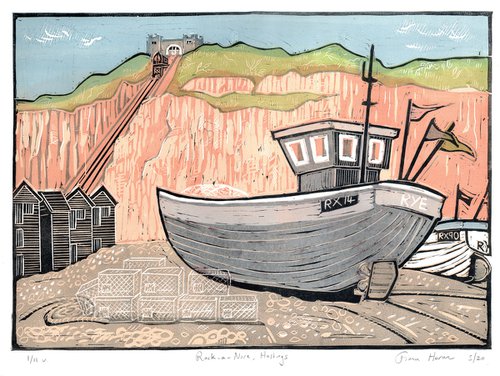 Boats at Rock-a-Nore, (Blue Boat). Limited Edition large linocut by Fiona Horan