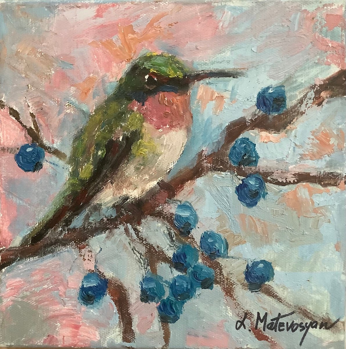 Impressionistic Animal Oil Painting By Lia Matevosyan Haselton, 8 X 8", Hummingbird, Original Artwork