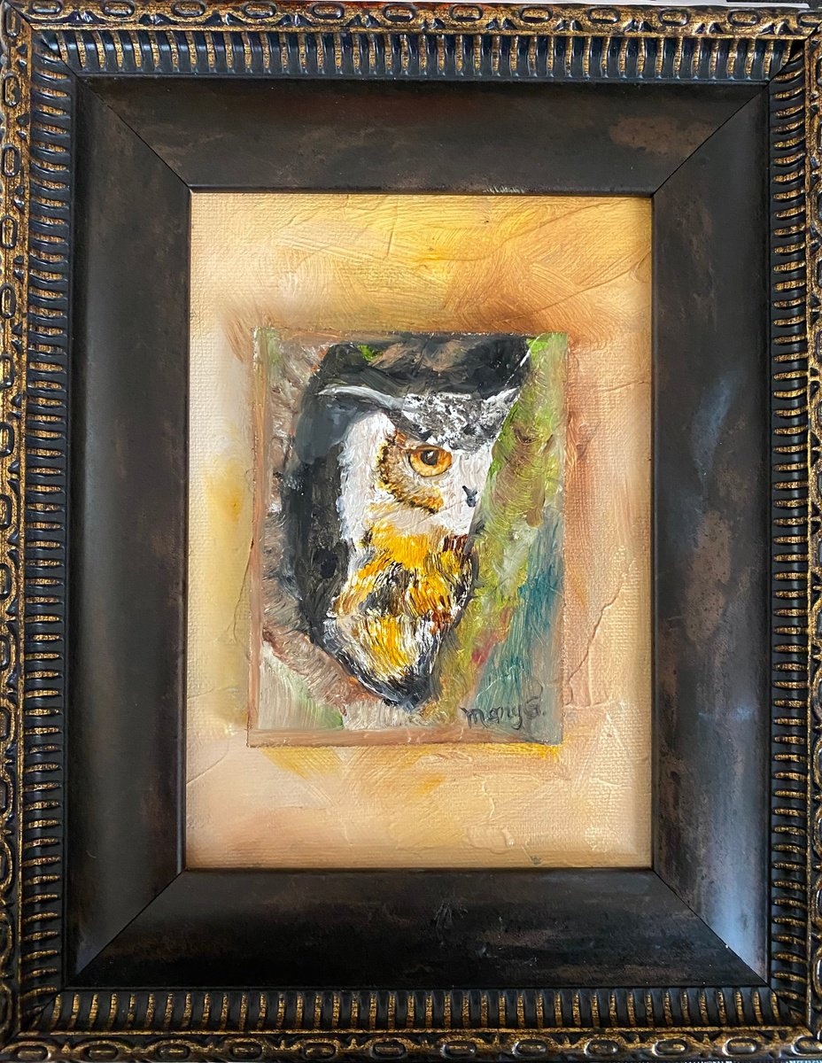 Hiding Owl Original Oil painting 5x7 on gessoed panel board by Mary Gullette