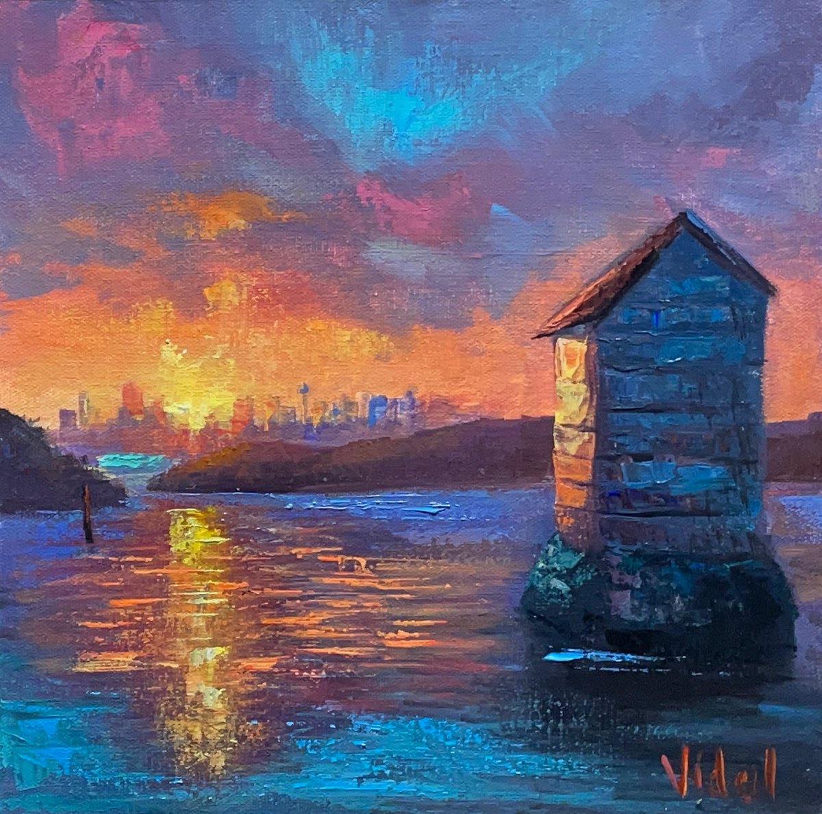 Impressionistic Landscape Acrylic Painting By Christopher Vidal, 13 X 13, Harbour Sunset Reflections, Original Artwork