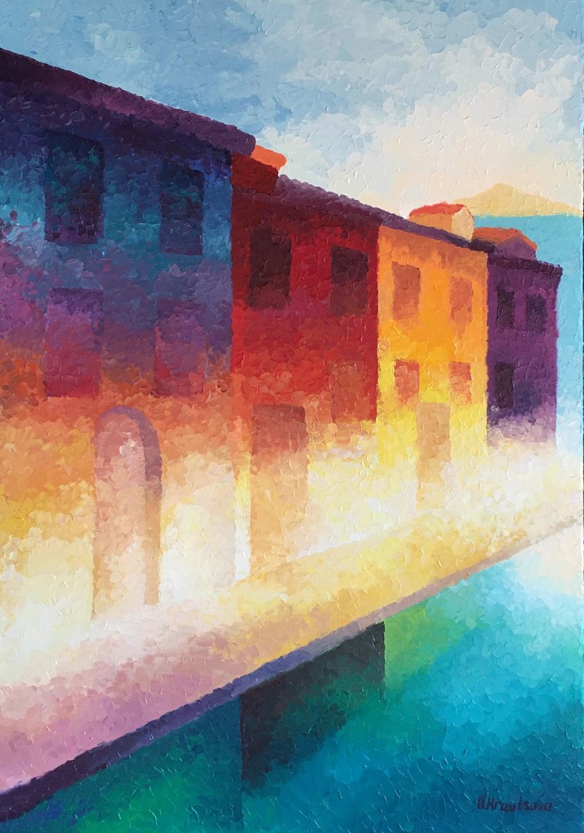 Urban And Pop Cityscapes Oil Painting By Oxypoint, 28 X 39", "Light At The Street", Original Artwork