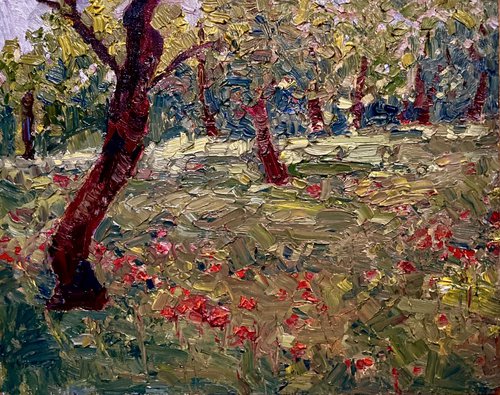 Poppies and the cherry trees landscape oil painting by Padmaja Madhu