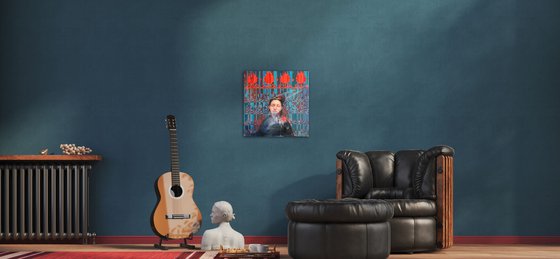 Woman with closed eyes on the background of traditional ornamentation