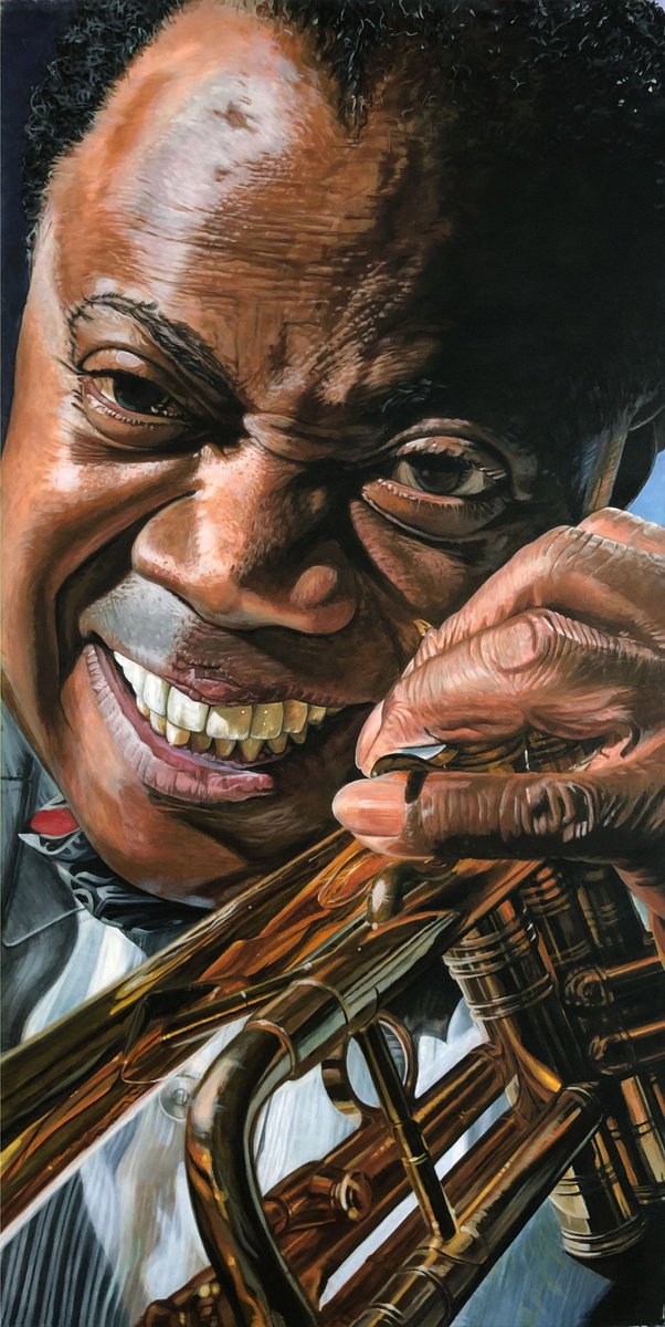 Photorealistic Portrait Acrylic Painting By Michael Steward, 36 X 72", Louis Armstrong, Original Artwork