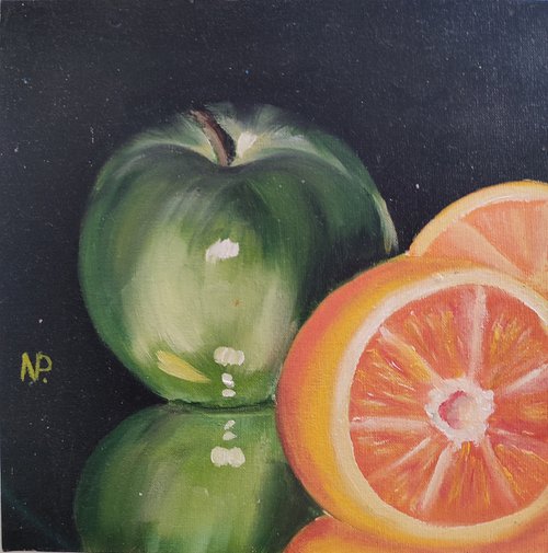 Sweet couple, original oil fruit apple orange oil  painting, impressionistic art, gift idea by Nataliia Plakhotnyk