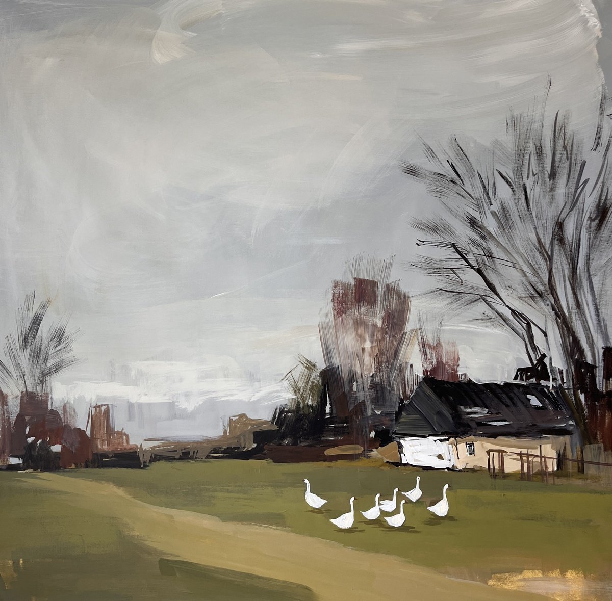 Naive Landscape Acrylic Painting By Jacob Burda, 36 X 36, Spring Day, Original Artwork