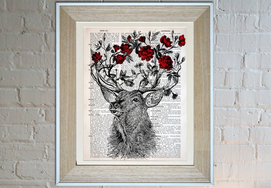 Deer Antler Flowers - Collage Art Print on Large Real English Dictionary Vintage Book Page