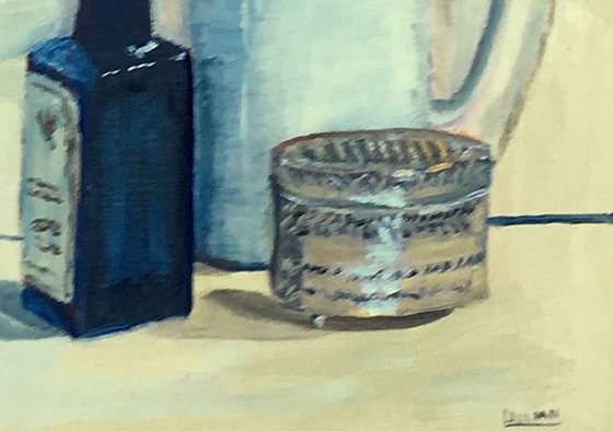 Still life oil painting of a White jug, an antique silver pot and a medicine bottle!