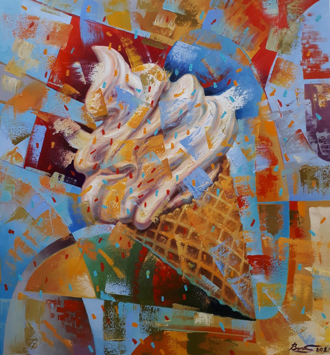 Urban And Pop Still Life Oil Painting By Serhii Voichenko, 28 X 30", Splash Ice Cream, Original Artwork