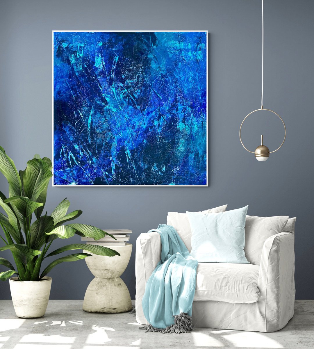 Abstract Acrylic Painting By Anita Kaufmann, 39 X 39, Blue Abstract No. 19620-2, Original Artwork