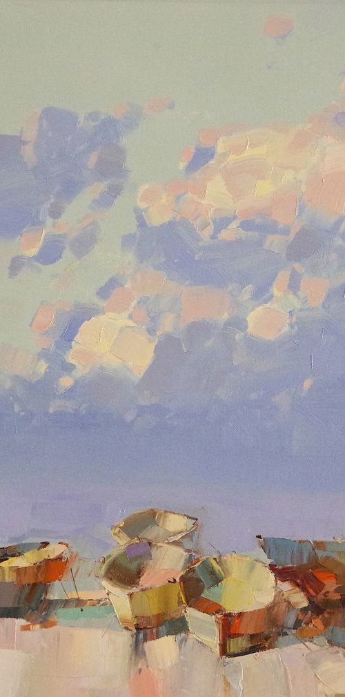 Rowboats, Seascape Original oil painting, Handmade artwork, One of a kind by Vahe Yeremyan