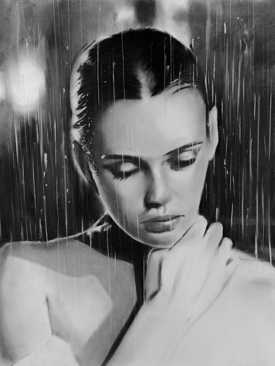 Photorealistic Portrait Charcoal Drawing By Denny Stoekenbroek, 20 X 26, Shrouded Serenity, Original Artwork