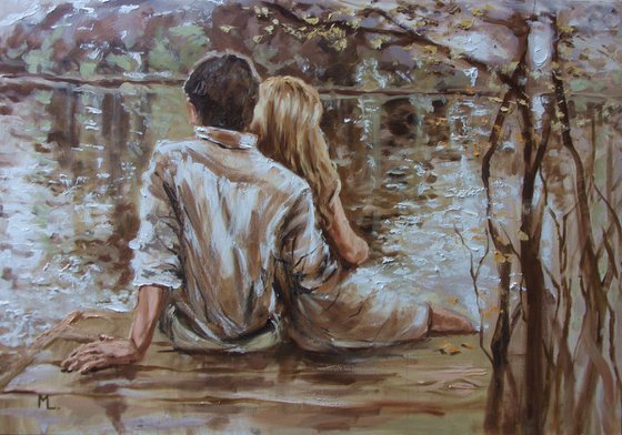 " OUR SECRET PLACES ... "- 100 x 70 cm AUTUMN LAKE SKY liGHt  valentines day couple ORIGINAL OIL PAINTING, GIFT, PALETTE KNIFE