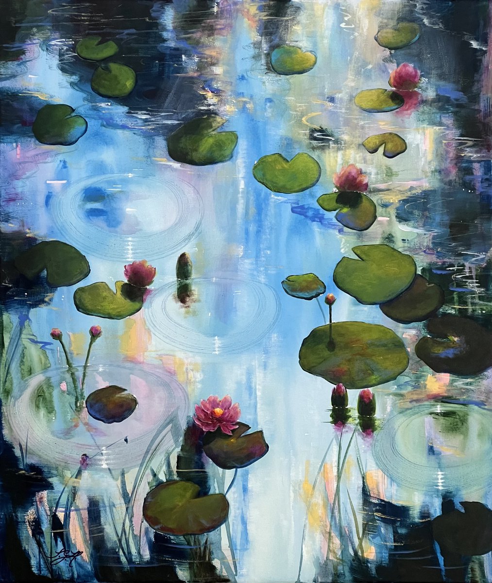 Impressionistic Landscape Acrylic Painting By Sandra Gebhardt-Hoepfner, 24 X 28", Always Waterlilies 2, Original Artwork