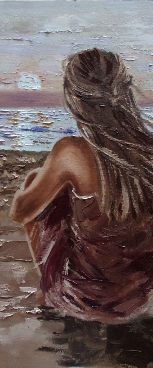 " SUMMER ... " SUN SKY SEA SAND liGHt  ORIGINAL OIL PAINTING, GIFT, PALETTE KNIFE by Monika Luniak